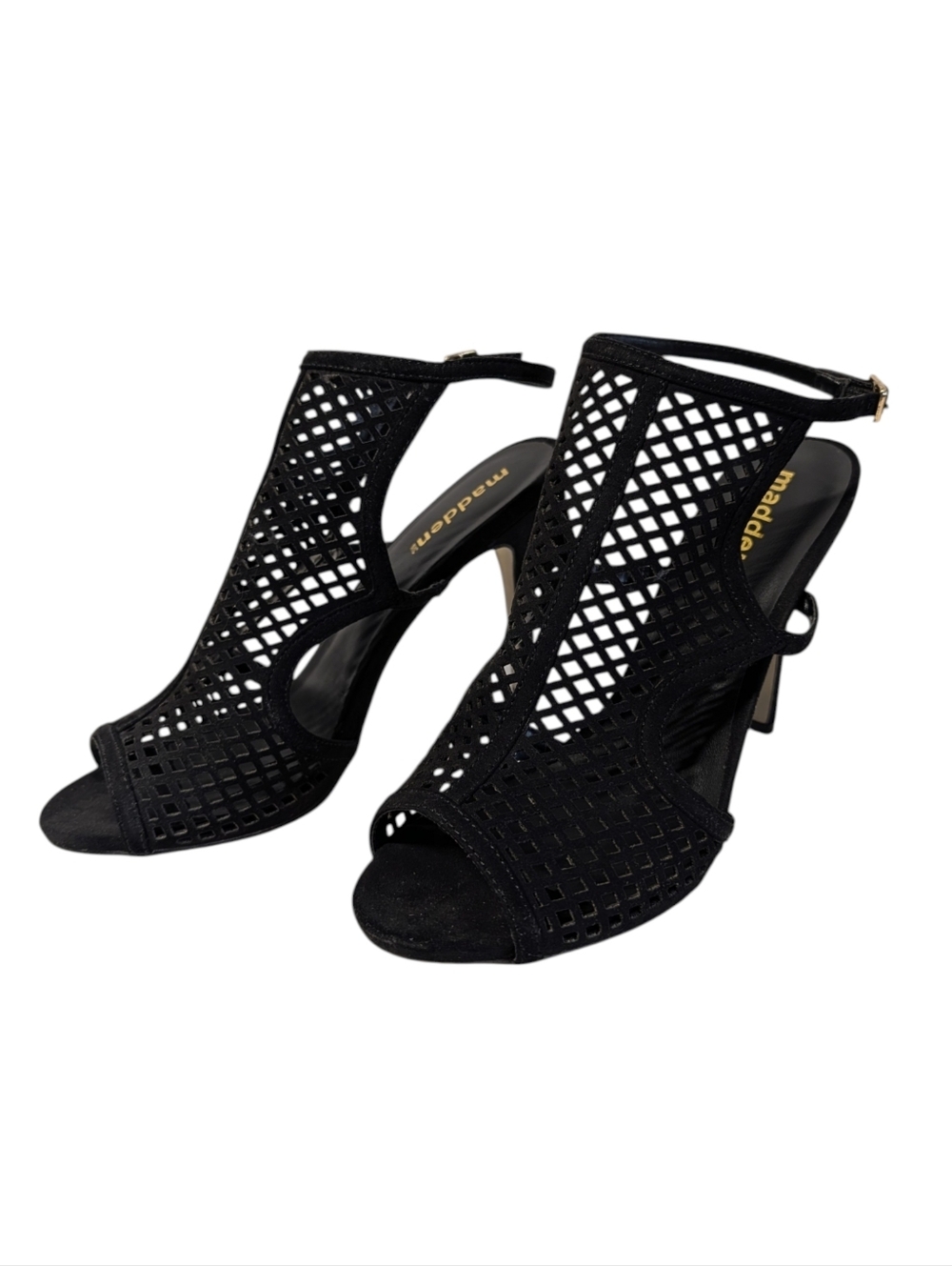 Madden Roseey Black Laser Cut Out Peep Toe Stiletto Heels Sandals Size 9 - Picture 2 of 11